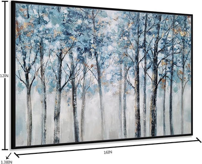Yihui Arts Abstract Forest Wall Art Hand Painted Textured Blue Trees Canvas Painting with Gold Foil Modern Framed Artwork for Living Room Decor