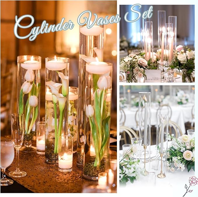 6 Pack Glass Cylinder Vases 16 Inch Tall Clear Flower Vase for Centerpieces, Hurricane Floating Candle Holder Wedding Decorations, Floral Vase Bulk for Table Shelf Party Home Deco (16 x 3.35 Inch)