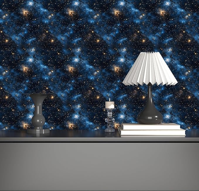 Blue Starry Peel and Stick Removable Black Sky Contact Paper 17.5" x 118", Gold Star Modern Wallpaper Mural Waterproof Self Adhesive for Wall Bedroom Bathroom Kitchen Cabinet Room Decor
