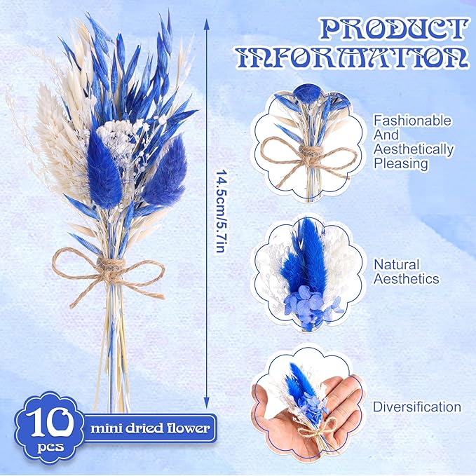 10 Pack Dark Blue Dried Flowers Bouquets Naturl Dried Flowers Decor Dry Wildflowers with Stem Mini Dried Floral Arrangement for Vase Carfts Wedding Table Centerpieces Graduation Party Decor