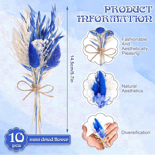 10 Pack Dark Blue Dried Flowers Bouquets Naturl Dried Flowers Decor Dry Wildflowers with Stem Mini Dried Floral Arrangement for Vase Carfts Wedding Table Centerpieces Graduation Party Decor