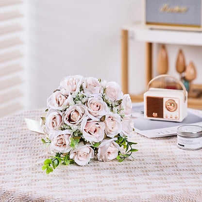 Wedding Bouquets Large for Bride, Bridal Silk Artificial Flowers 14pcs Pink Champagne Roses 10 in Fake Flowers for Wedding Party, Ceremony, Anniversary & Home Decor(Come with 4 kinds of Ribbons)