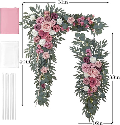 Ting's time Artificial Wedding Arch Flowers Kit(Pack of 4) 2pcs Large Artificial Flower Swags with 2pcs Draping Fabric for Wedding Party Ceremony Decoration(Blush&Rose Red)