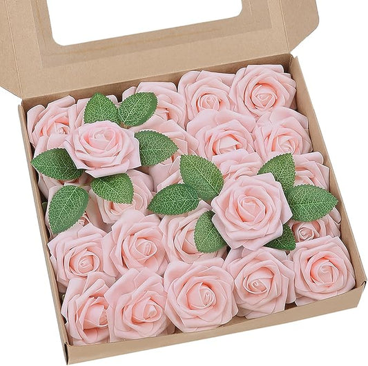 Meldel Artificial Flowers 25pcs Real Looking Blush Foam Fake Roses with Stems for DIY Wedding Bouquets Bridal Shower Centerpieces Floral Arrangements Home Decorations