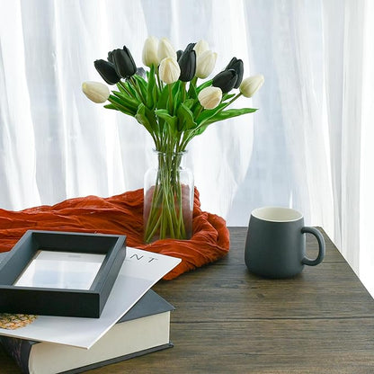 Mandy's Artificial Tulips 20 Stems Black and White PU Faux Flowers for Thanksgiving and Christmas Decorations Wedding Home Decor 13.5 Inch