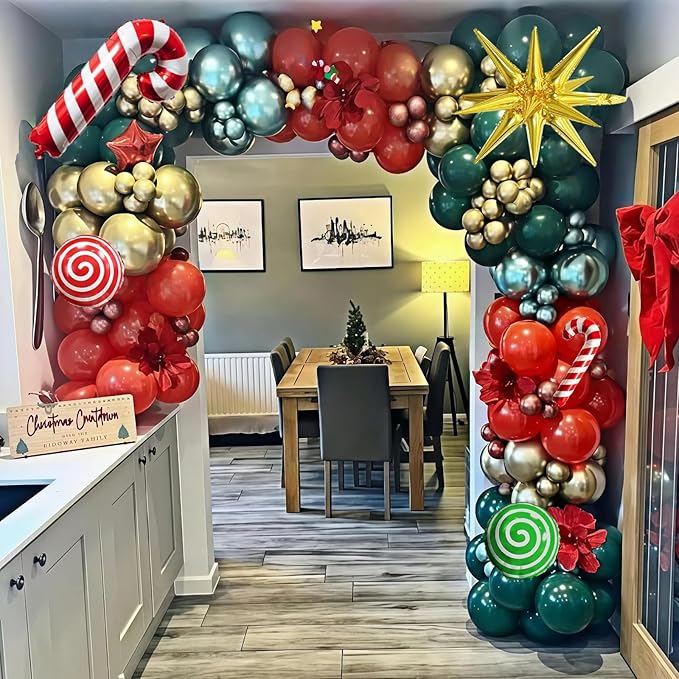 Christmas Balloon Garland Arch Kit, Xmas Red Green Gold Balloons Candy Cane Explosion Star Mylar Foil Balloons for Merry Christmas Ugly Sweater New Year Friendsmas Festival Birthday Party Decorations