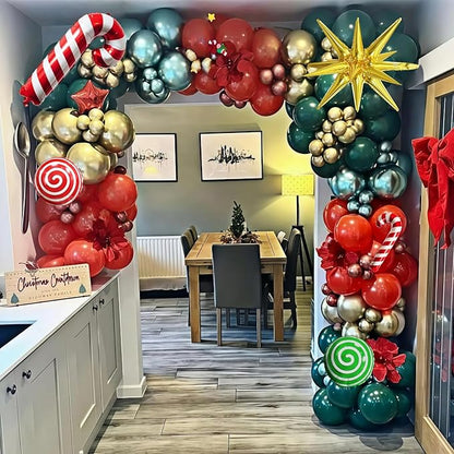 Christmas Balloon Garland Arch Kit, Xmas Red Green Gold Balloons Candy Cane Explosion Star Mylar Foil Balloons for Merry Christmas Ugly Sweater New Year Friendsmas Festival Birthday Party Decorations