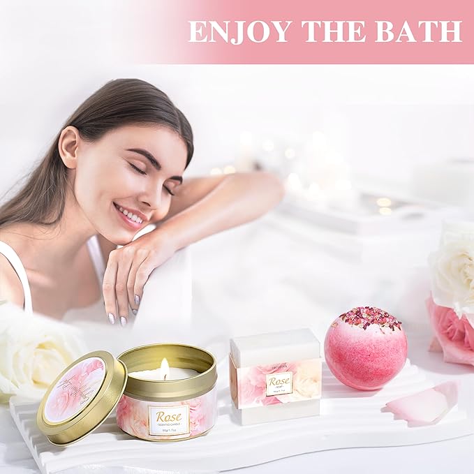 Gifts for Women, Happy Birthday Gifts for Women, Christmas Bath and Body Gifts for Woman with Unique Rose Self Care Gift, Home Spa Gift Basket for Mom, Girlfriend, Sister, Female Friends, Coworker