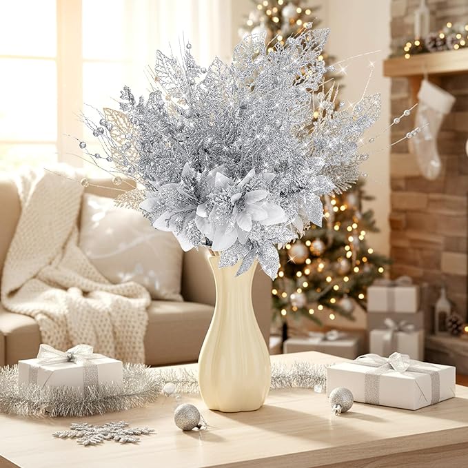 18 Pack 3 Styles 17 Inch Christmas Glitter Poinsettia Berry Stems Ornaments Artificial Floral Branches Picks for Christmas Tree Home Vase Holiday Party Decor(Silver)