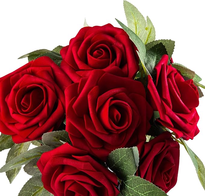 Artificial Flower Foam Rose 25pcs Real Looking Fake Rose with Stems Leaves for Home Decoration Party Garden Centerpieces DIY Wedding Bouquets（Dark Red）