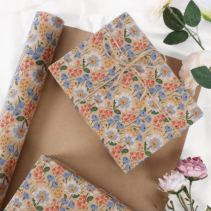 Aimyoo Watercolor Floral Kraft Wrapping Paper Roll, 17 inch x 32.8 ft All Occasion Vintage Flower Gift Wrap for Wedding Birthday Bridal Shower