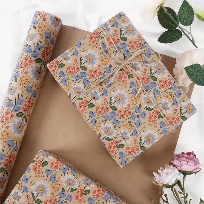 Aimyoo Kraft Floral Wrapping Paper Roll - Jumbo Roll - 30 Inch x 33 Feet - All Occasion Vintage Flower Gift Wrap Paper for Mother's Day Wedding Birthday Bridal Shower