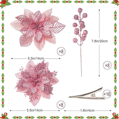 24 Pcs Pink Boxed Christmas Poinsettia Flowers Set, 16 Pcs Artificial Poinsettias with Clips, 8 pcs Glitter Christmas Tree Ornaments Berry Stems for Wedding Home Holiday Xmas New Year Decorations