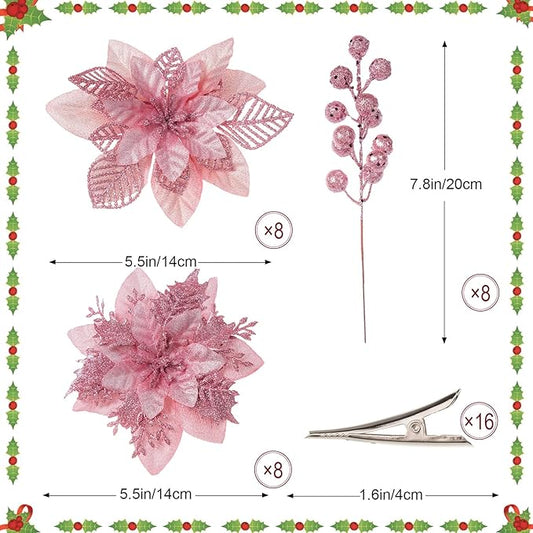 24 Pcs Pink Boxed Christmas Poinsettia Flowers Set, 16 Pcs Artificial Poinsettias with Clips, 8 pcs Glitter Christmas Tree Ornaments Berry Stems for Wedding Home Holiday Xmas New Year Decorations