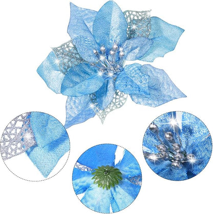 WILLBOND 36 Pieces Christmas Poinsettia Glitter Faux Flowers Christmas Artificial Flowers Tree Ornaments Topper Xmas Decorations(Blue)