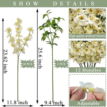 Artificial Flower Stems Bundle, White and Green, for Indoor Outdoor Home Decor (12, White)