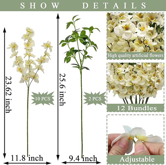 Artificial Flower Stems Bundle, White and Green, for Indoor Outdoor Home Decor (12, White)