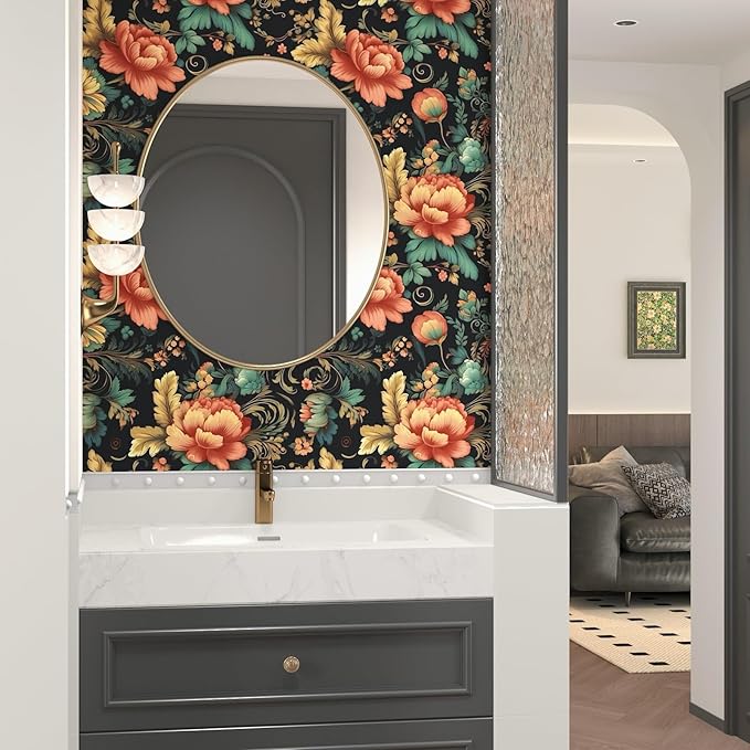 Red Colorful Floral Peel and Stick Wallpaper Vintage Contact Paper Vibrant Flower Wall Paper for Backsplash Cabinet Accent Walls Removable Renter Friendly 17.5 x 196.5In