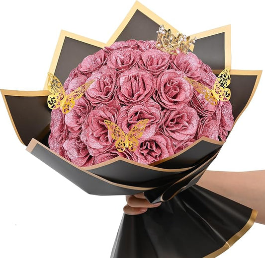 36+20 Glitter Roses Bouquet, DIY Fake Flowers Bouquet, Craft The Initials of Your Loves' Name with Artificial Rose for Valentines, Anniversary, Wedding, Rose Gold & White