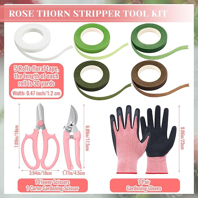Lasnten 9 Pcs Rose Stripper Thorn Remover Set Include 1 Rose Thorn Stripper Tool 5 Floral Tape 1 Flower Scissor 1 Curve Gardening Scissors 1 Pair Gardening Gloves for Home Wedding Florist(Pink)