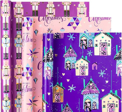 WRAPAHOLIC Christmas Wrapping Paper Roll - Mini Roll - 3 Rolls - 17 Inch X 120 Inch Per Roll - Pink and Purple Nutcracker, House Holiday Collection with Metallic Foil Shine