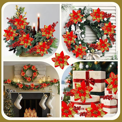 50pcs Glitter Poinsettia Christmas Ornaments, Artificial Flowers with Clips Stems for DIY Wreath Making, Holiday Home Party Decorations, Indoor Use (Red)