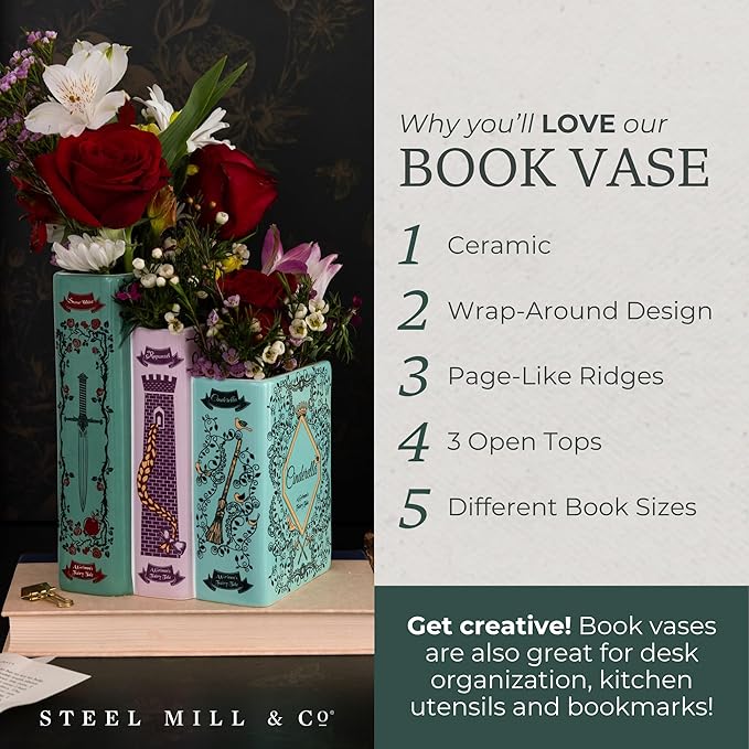Steel Mill & Co Original Triple Book-Shaped Decorative Vase, Tiered Ceramic Bookshelf Decor, Unique Flower Holder for Book Lovers, Grimm's Fairy Tales