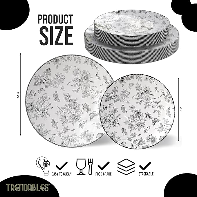 Trendables Plastic Plates For Party Supplies, Floral Disposable Plates For Party & Weddings 80 Pcs - 40 x 8 Dessert Plates & 40 x 10 Plastic Dinner Plates, Plate Set Disposable Dinnerware Sets
