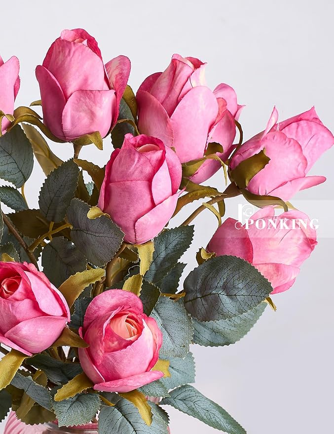 Rose Artificial Flower Buds 12pcs Realistic Faux Silk Roses Fake Flowers Bouquets Arrangements Decor for Wedding Spring Mother's Day, Home Table Decorations, Light Magenta Flower