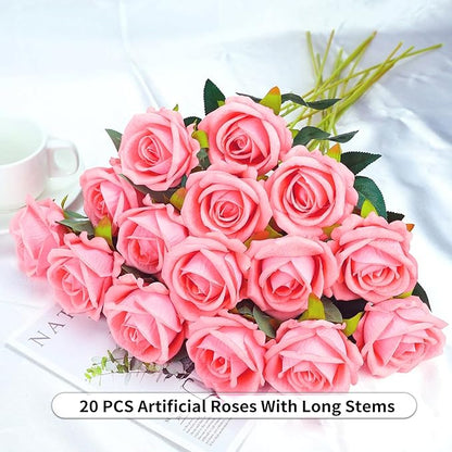 20PCS Artificial Roses with Long Stems - Realistic Silk Flowers, Fake Roses Real Touch Bouquet Roses for Home Decor, Bridal Wedding Table Centerpieces, Faux Rose Flowers (Pink Purple)