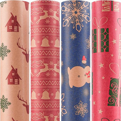 Happypapa Christmas Wrapping Paper, Kraft Xmas Wrapping Paper Rolls - Jingle Bell, Reindeer, Gift and Snowflakes Pattern - 4 Rolls - 17 Inch × 120 Inch Per Roll