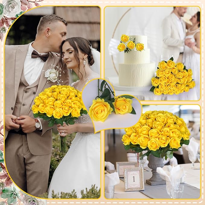 30pcs Fake Roses Artificial Silk Flowers Long Stems Bouquet for Wedding Bridal Shower Party Home Decoration (Yellow)