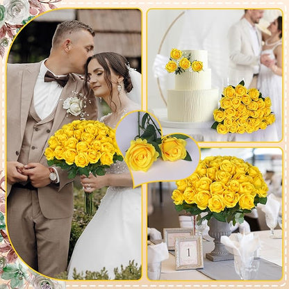 30pcs Fake Roses Artificial Silk Flowers Long Stems Bouquet for Wedding Bridal Shower Party Home Decoration (Yellow)