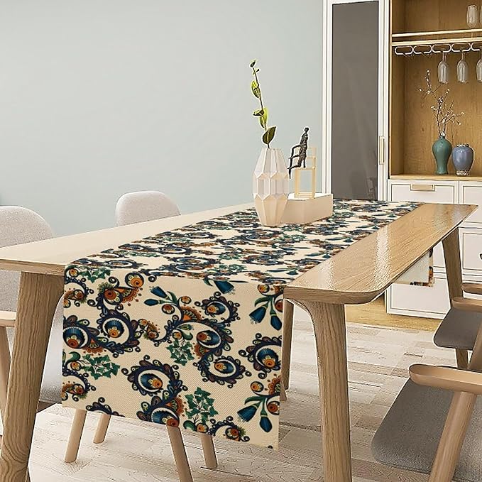 Vintage Bohemian Table Runner, Boho Blue Orange Ornate Paisley Print Table Runner for Kitchen Dining Home Party Decor, 13x36 Inch