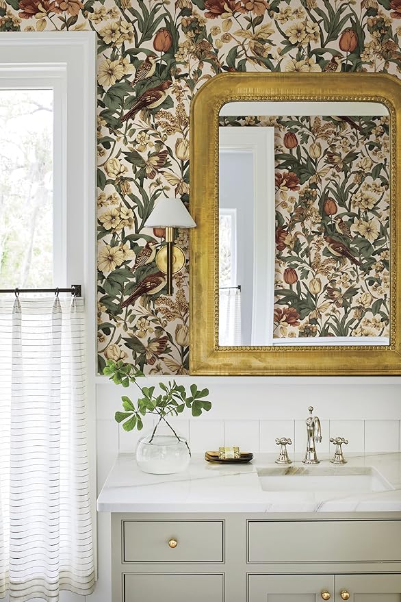 Erfoni 17.3" x 394" Birds Floral Peel and Stick Wallpaper Vintage Contact Paper for Livingroom Boho Floral and Leaf Self Adhesive Wall Paper Retro DIY Removable Wallpaper Vinyl Roll Beige
