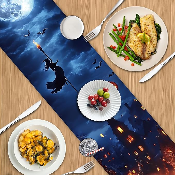 Halloween Witch & Full Moon Table Runner – 13x72 Inch Spooky Halloween Decor with Witch Silhouette and Moon Design, Durable Linen-Look Fabric for Dining Tables & Parties