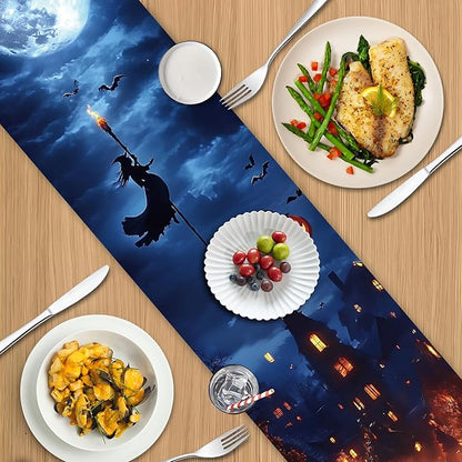 Halloween Witch & Full Moon Table Runner – 13x72 Inch Spooky Halloween Decor with Witch Silhouette and Moon Design, Durable Linen-Look Fabric for Dining Tables & Parties