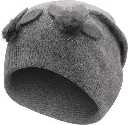 ZLYC Women Floral Slouchy Beanie Hat Double Layer Winter Knit Skull Cap