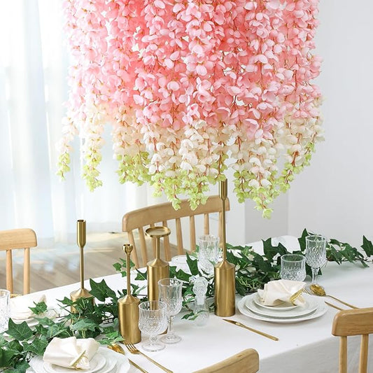 mizii 6Pcs Pink Wisteria Hanging Flowers 48" Silk Wisteria Artificial Flowers Garland Vines Fake Hanging Flowers Decoration for Wedding Flower Wall Backdrop Centerpieces Party Room Decor (Pink)
