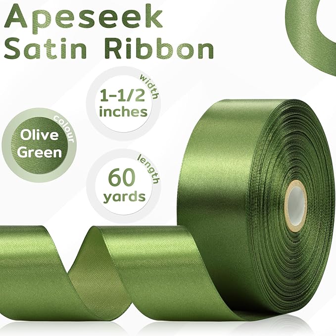 60 Yards Olive Green Satin Ribbon 1-1/2 Inch, Solid Polyester Fabric Ribbon for Gift Wrapping, Crafts, Flower Bouquet, Wedding, Baby Shower, Festival, Christmas, Halloween