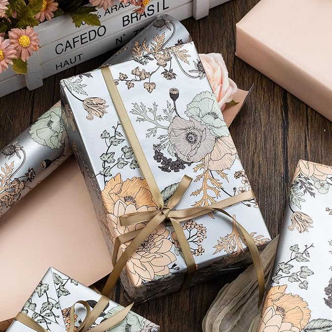 MAYPLUSS Floral Wrapping Paper Roll - 17Inch x 33Feet - Luxury Girly Vintage Flower Pattern Wedding Shower Gift Wrap Paper for Bridal Shower, Girl Birthday, Mother's Day, Engagement and Party
