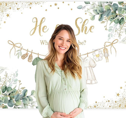 Riyidecor Green Gender Reveal Backdrop Polyester Fabric He or She What Will Baby Be 8Wx6H Feet Boho Watercolor Gold Dots Sage Eucalyptus Leaves Photography Background Baby Shower Photo Studio Shoot