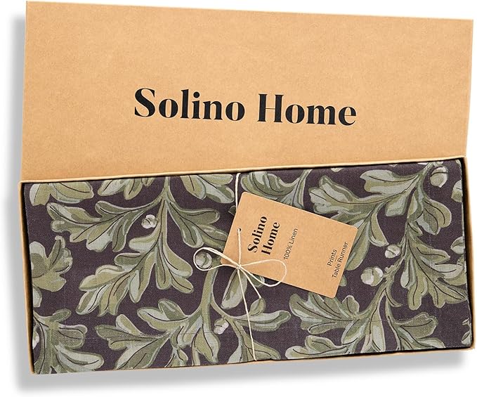 Solino Home 100% Pure Linen Table Runner 132 Inches Long - Floral Print Green and Brown Table Runner 14 x 132 Inch - Handcrafted and Machine Washable - Fallen Leaves Print