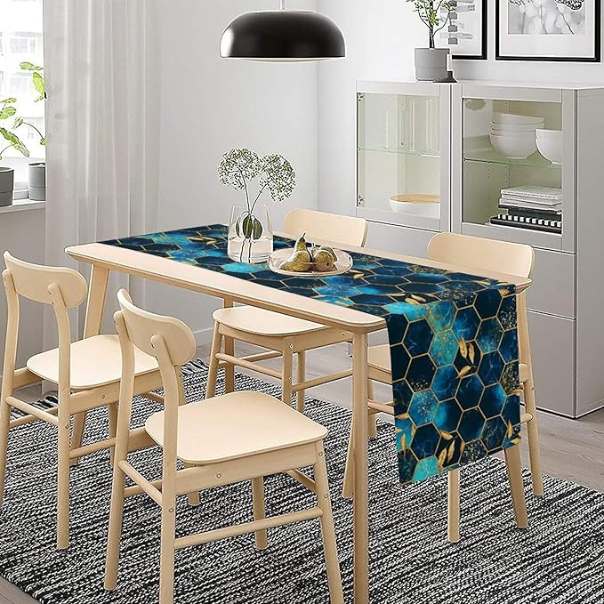 Sky Blue Honeycomb Table Runner Abstract Sea Blue Marble Hexagon Texture Golden Leaves Seasonal Dinner Runner Table Decoration for Farmhouse Home Kitchen Dining Holiday Party 13x60in