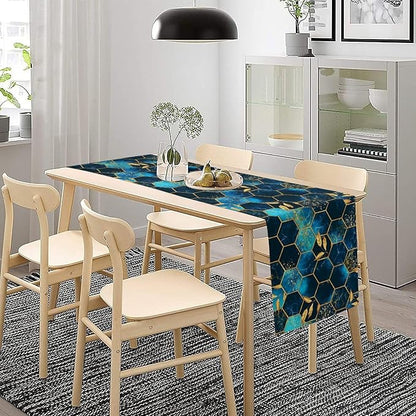 Sky Blue Honeycomb Table Runner Abstract Sea Blue Marble Hexagon Texture Golden Leaves Seasonal Dinner Runner Table Decoration for Farmhouse Home Kitchen Dining Holiday Party 13x60in