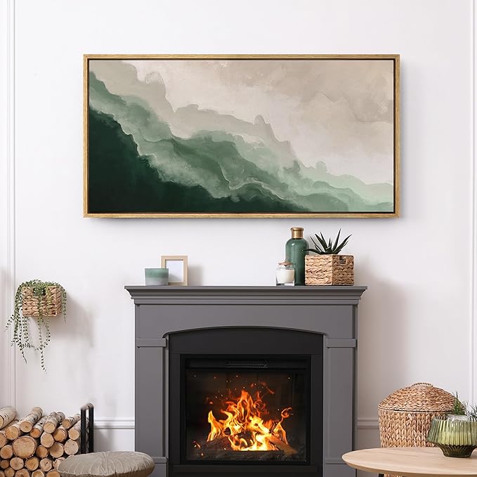 SIGNFORD Extra Large Framed Canvas Print Wall Art Abstract Green Wave Nature-Inspired Illustrations Modern Art Relax/Calm for Living Room, Bedroom, Office - 60"x30"