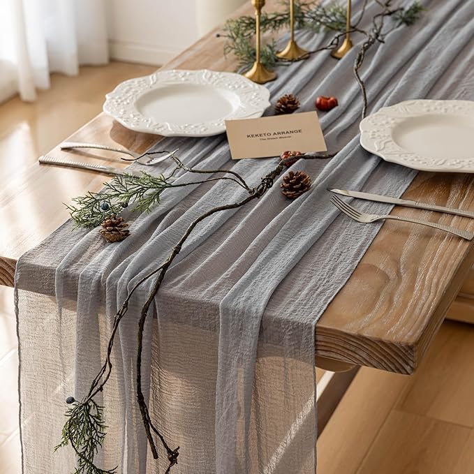 6pcs Dusty Blue Gauze Rustic Cheesecloth Table Runner 120 Inch 10 FT for Wedding Baby Shower Bridal Shower Birthday Engagement Garden Outdoor Party Long Sheer Boho Decorations