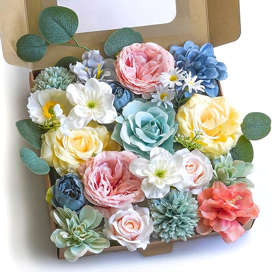 ASTRYAS Artificial Flowers Combo Fake Roses Silk Peonies Colorful Flowers for DIY Wedding Bridal Bouquets Table Centerpieces Floral Arrangements Party Baby Shower Home Decor - Sege Green/Yellow/Pink
