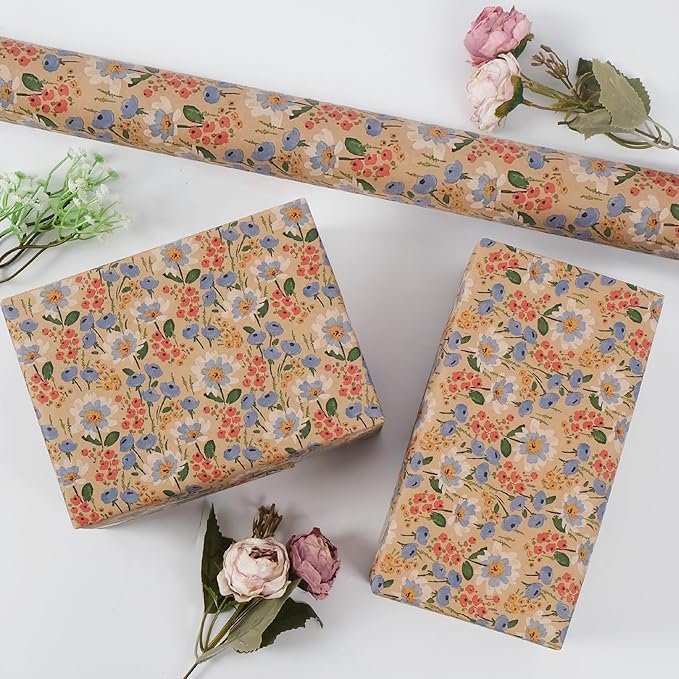 Aimyoo Kraft Floral Wrapping Paper Roll - Jumbo Roll - 30 Inch x 33 Feet - All Occasion Vintage Flower Gift Wrap Paper for Mother's Day Wedding Birthday Bridal Shower