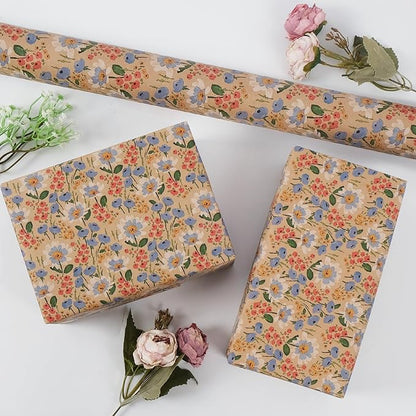 Aimyoo Kraft Floral Wrapping Paper Roll - Jumbo Roll - 30 Inch x 33 Feet - All Occasion Vintage Flower Gift Wrap Paper for Mother's Day Wedding Birthday Bridal Shower